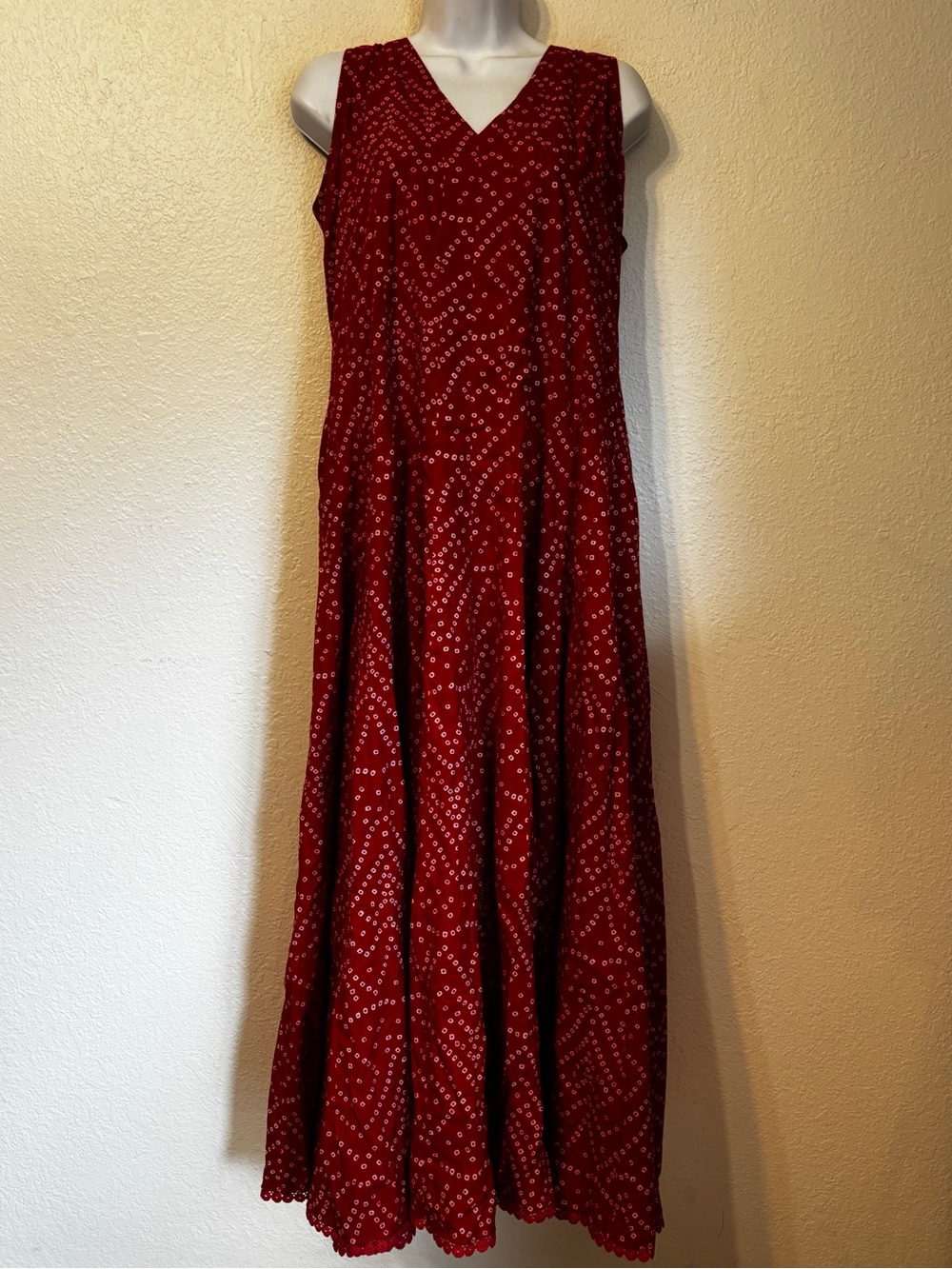 Red Bandhani Print Maxi Dress with Sttatement Tassels XL